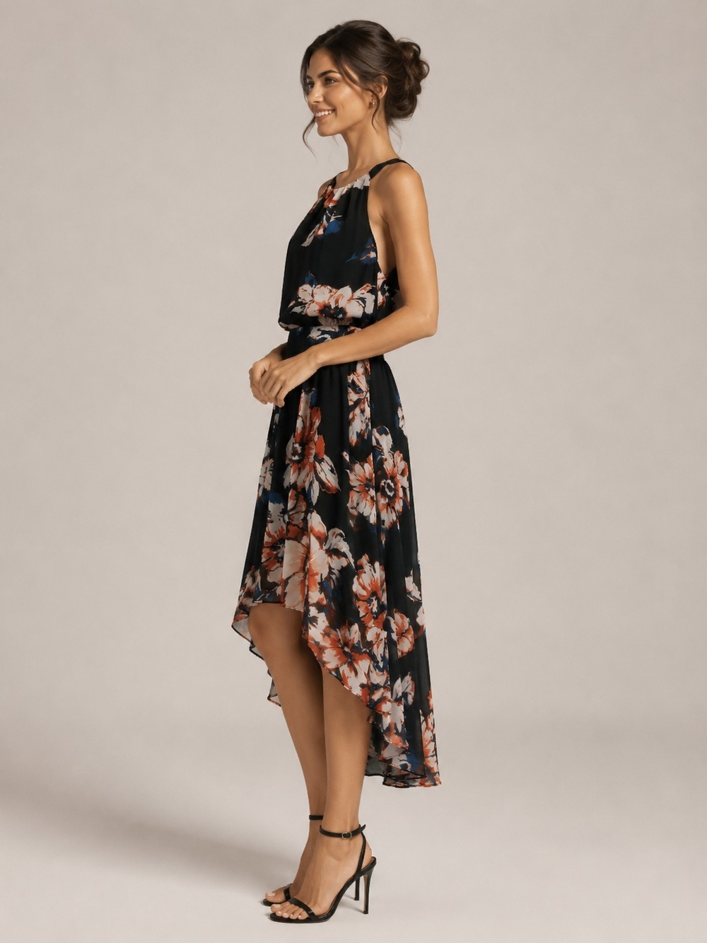 Womens Halter Sleeveless Black Floral High-Low Midi Dress Size 14 - Picture 2 of 8